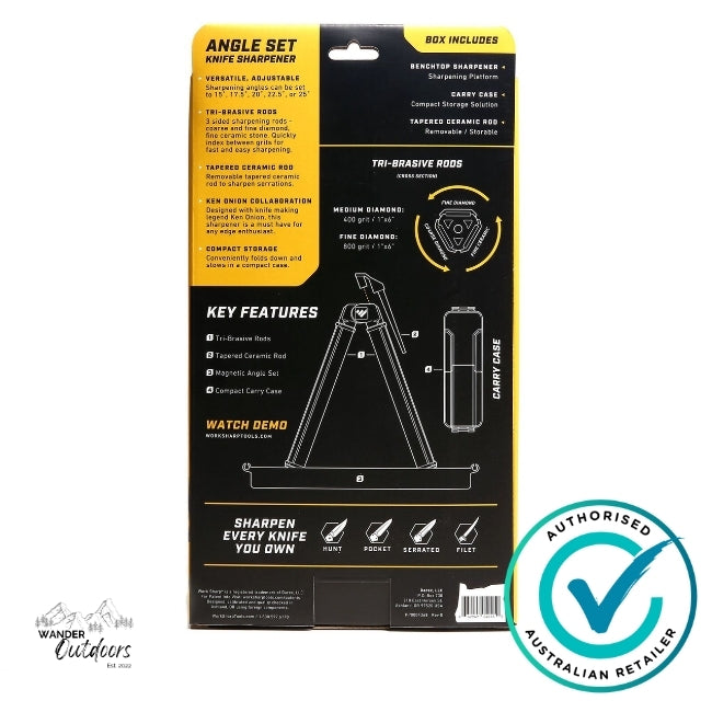 Rear packaging of Work Sharp WSBCHAGS Angle Set Knife Sharpener showing key features, specifications and kit contents – Wander Outdoors authorised Australian retailer.