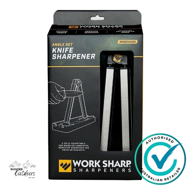 Front packaging of Work Sharp WSBCHAGS Angle Set Knife Sharpener with product display window and branding – authorised Australian retailer Wander Outdoors.