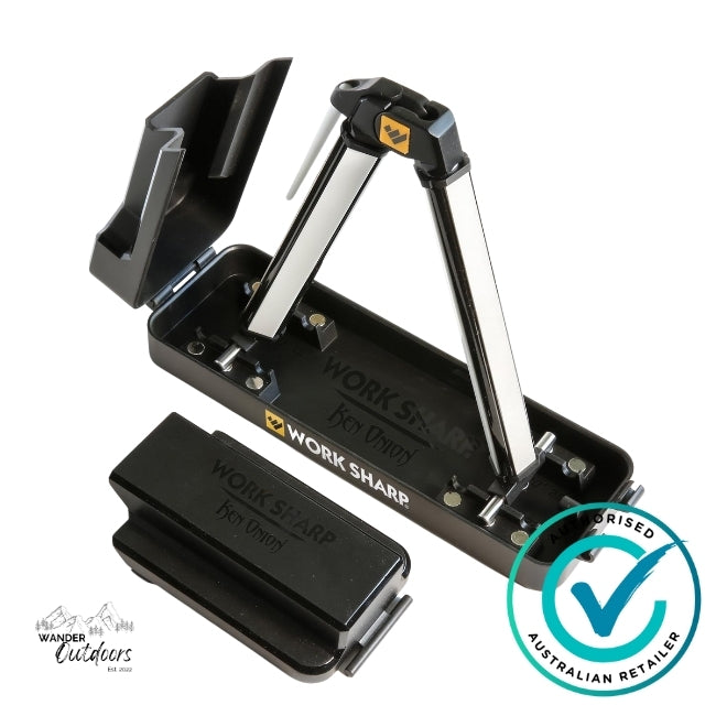 Work Sharp WSBCHAGS Angle Set Sharpener open and assembled showing diamond sharpening rods and compact carry case – authorised Australian retailer Wander Outdoors.