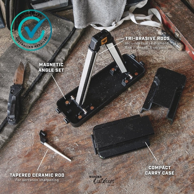 Work Sharp Angle Set Knife Sharpener kit showing magnetic angle set, tapered ceramic rod, tri-abrasive rods and compact carry case – Wander Outdoors authorised Australian retailer.