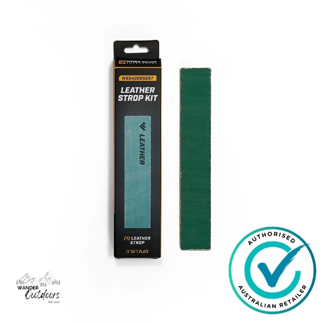 Work Sharp Professional Precision Adjust Stropping Kit showing the leather strop and its retail packaging, designed for the PRO Precision Adjust Knife Sharpener – includes 1" x 6" leather strop on steel backing plate, authorised Australian retailer.