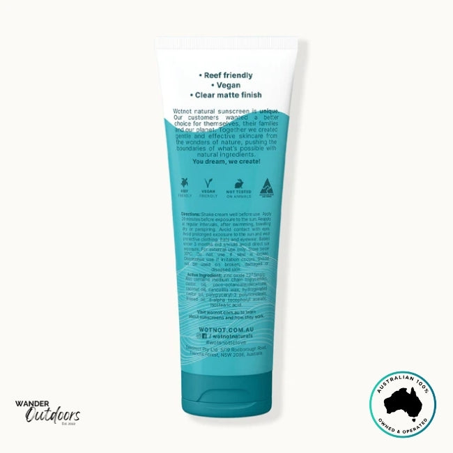 Back of Wotnot Naturals SPF 50 Zinc Sunscreen Tube showing ingredients, directions, and certifications.