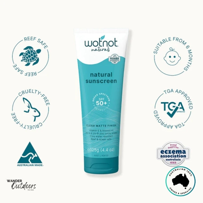 Product image of Wotnot Naturals SPF 50 Sunscreen with surrounding icons highlighting reef-safe, cruelty-free, vegan, and eczema-safe benefits.
