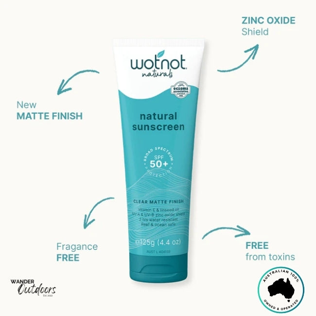Product infographic highlighting matte finish, zinc oxide shield, and fragrance-free formula.
