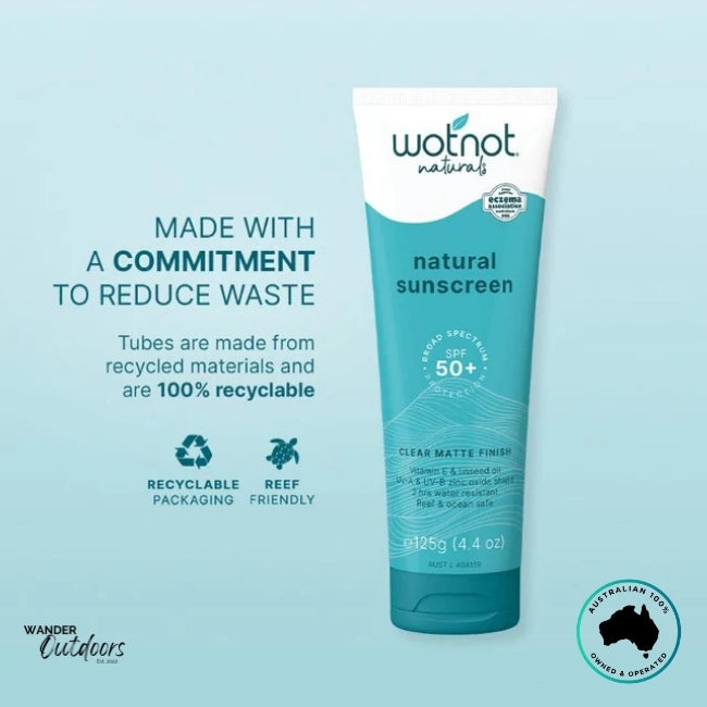 Front tube of Wotnot Naturals SPF 50 Zinc Sunscreen Matte Finish shown with recyclable and reef friendly icons.