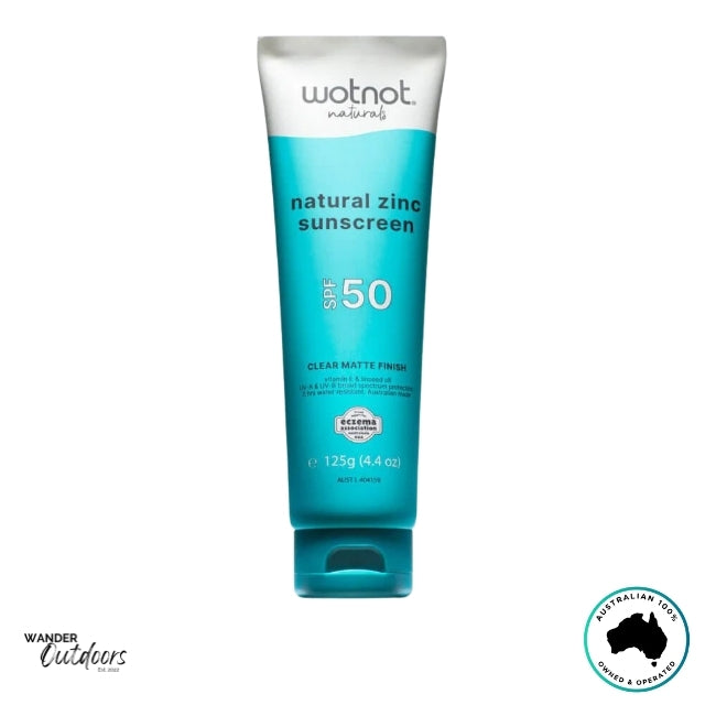 Front view of Wotnot Naturals SPF 50 Zinc Sunscreen Matte Finish Tube showing teal and white packaging.