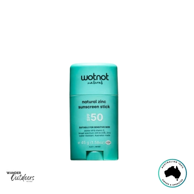 Front view of Wotnot Naturals SPF 50 Zinc Sunscreen Stick showing label and aqua blue packaging.