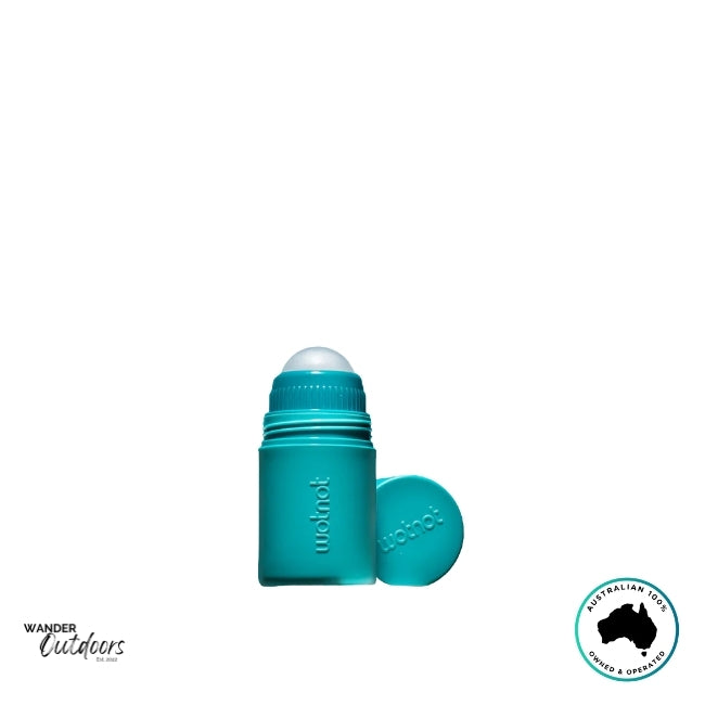 Wotnot Refillable Sunscreen Roll-On Applicator with lid removed, showing roller ball applicator.