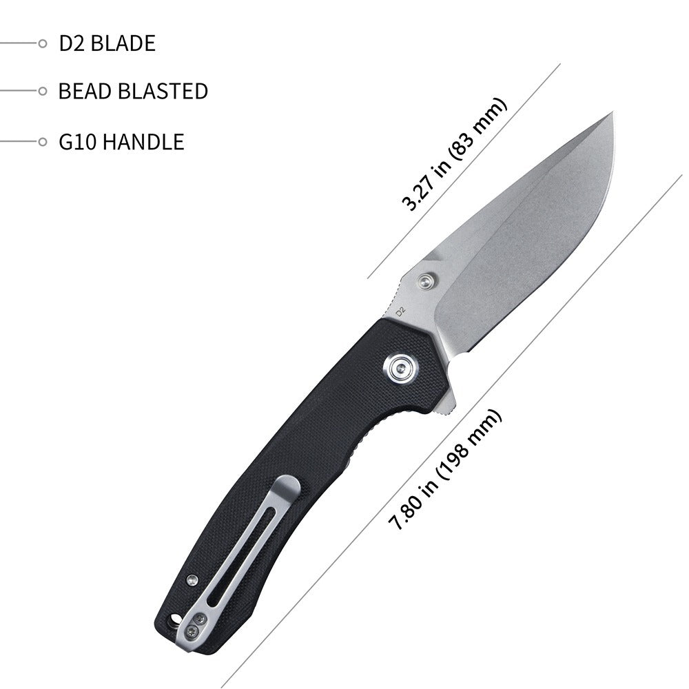 KUBEY KU901A CALYCE Flipper Folding Knife, Bead Blasted D2, Black G10 - Wander Outdoors